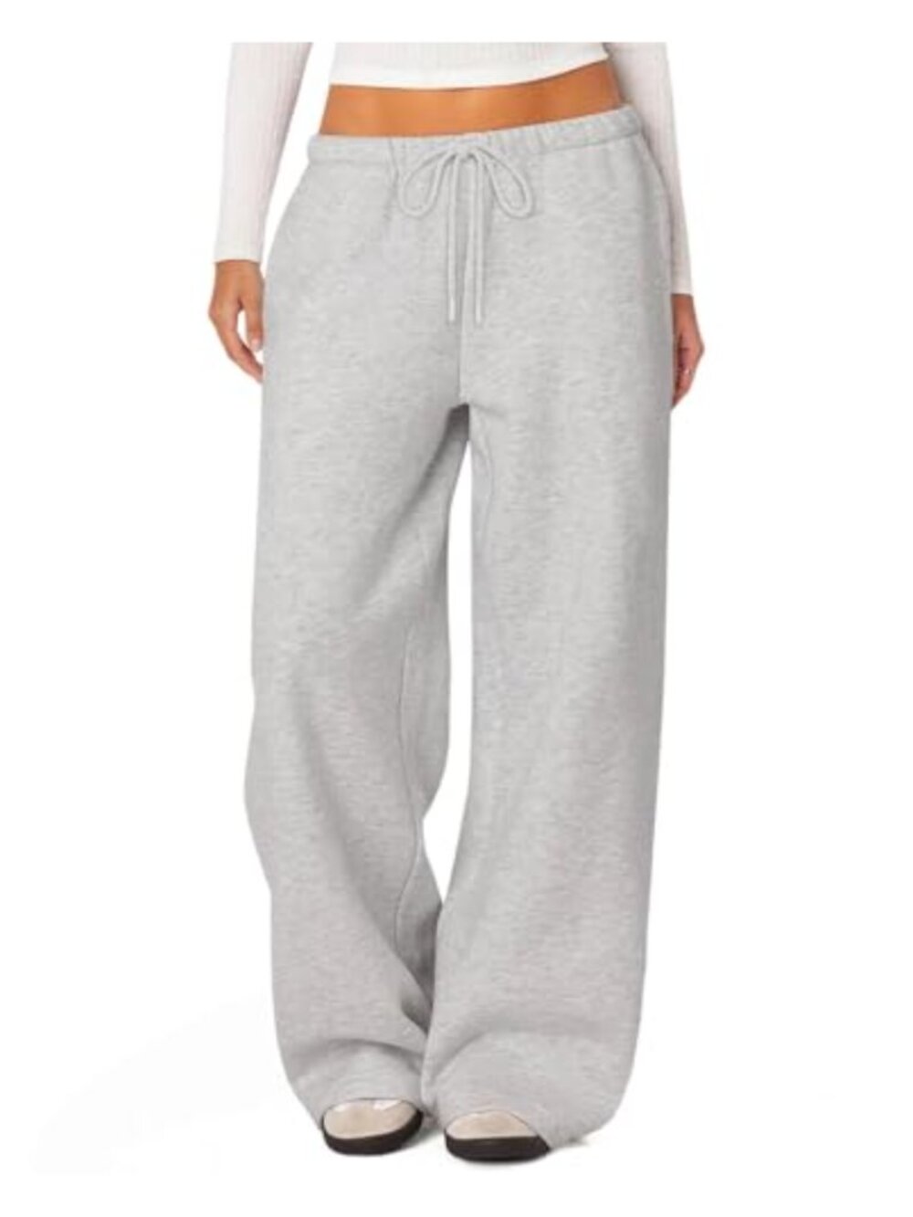Fleece Lined Wide Leg Sweatpants Cotton Blend High Rise Drawstring